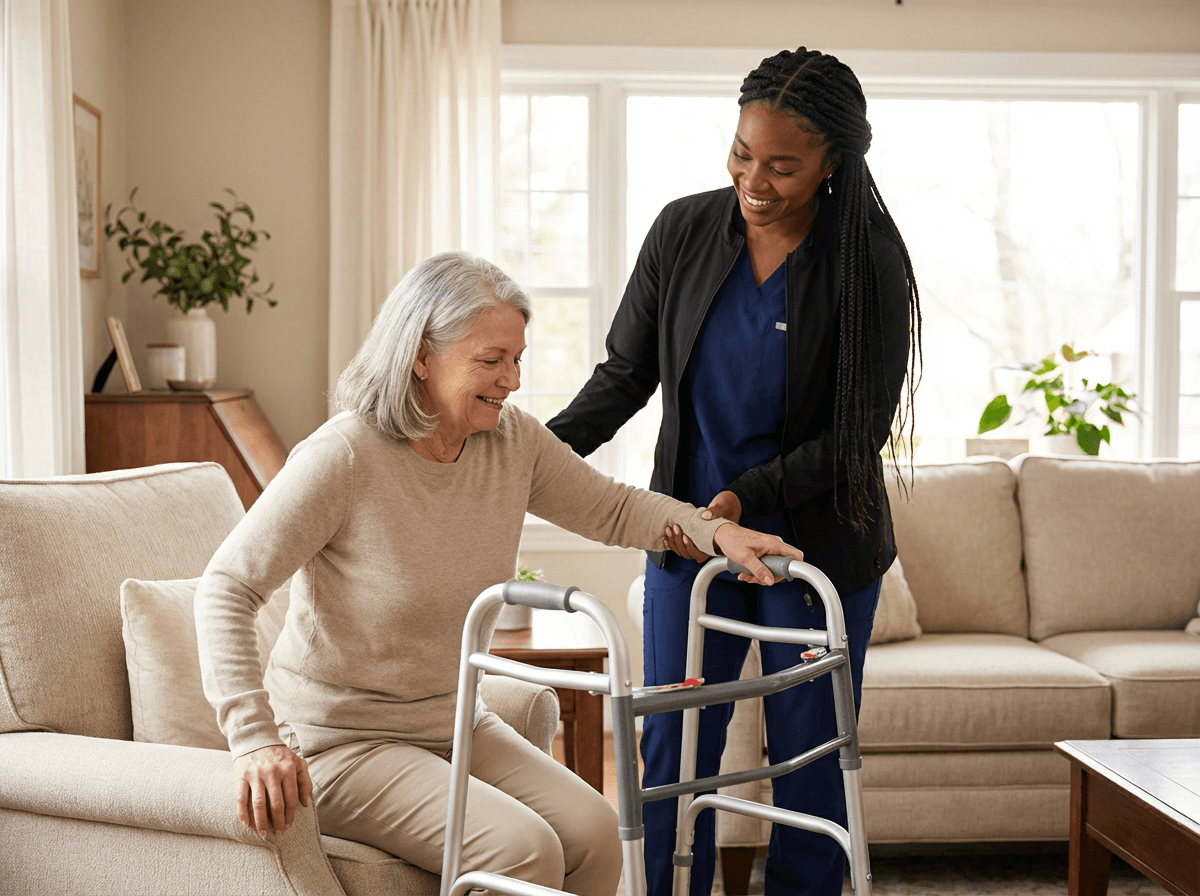 Caregiver assisting an elderly woman with daily activities at home