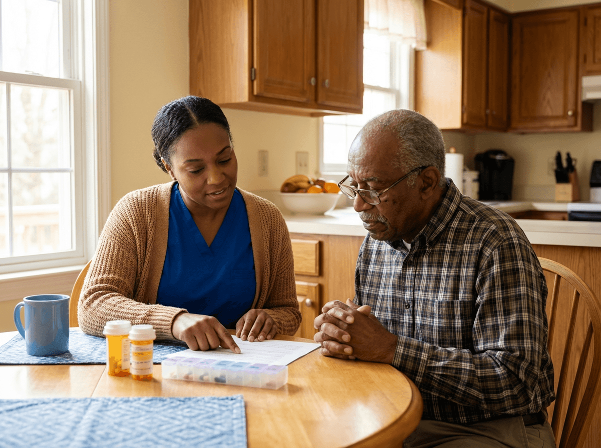Registered nurse providing skilled home health care to a patient in their living room